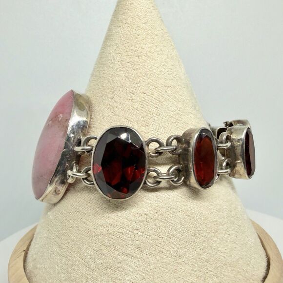 Vintage Pink Opal & Garnet Red Glass Sterling Silver Bracelet 6.5” 925 AP, 47g - Picture 9 of 16